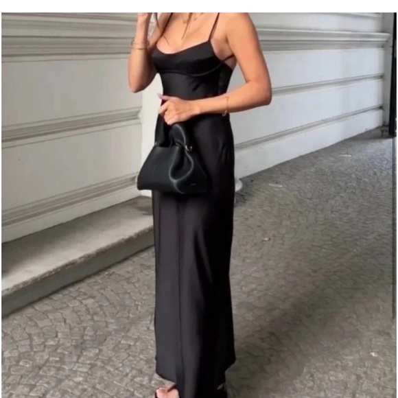 Zara black satin effect dress with back cut out small - Picture 3 of 12